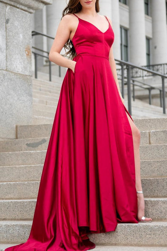 A-Line V-Neck Spaghetti Straps Satin Bridesmaid Dress