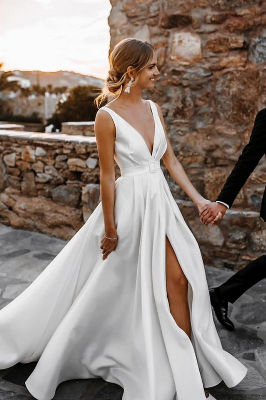 Chic Satin A-Line V-Neck Strapless Empire With Side Slit Wedding Dress