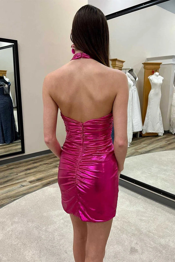 Chic Satin Fitted Halter Sleeveless Open Back Homecoming Dress