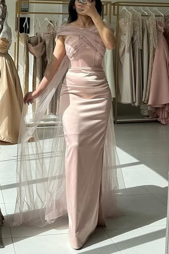 Chic Satin Fitted Off-Shoulder Sleeveless Prom Dress