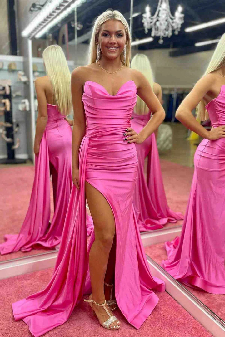 Chic Satin Fitted Sweetheart Strapless With Train Prom Dress