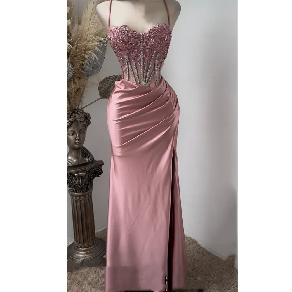 Chic Satin Mermaid Sweetheart Sleeveless Lace Appliques Party Prom Dress