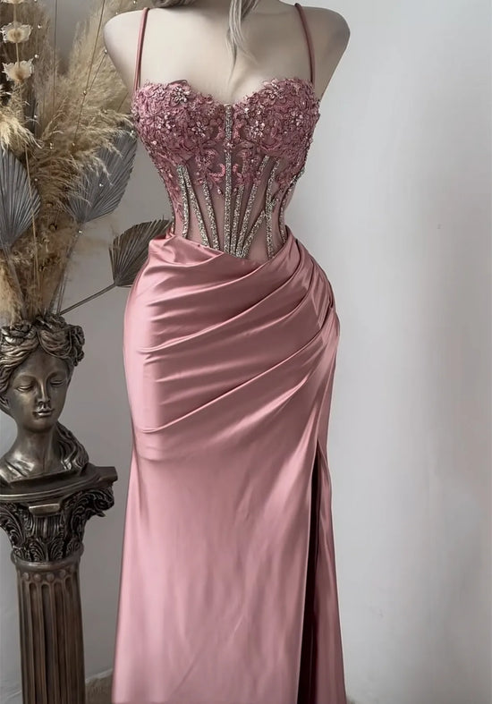 Chic Satin Mermaid Sweetheart Sleeveless Lace Appliques Party Prom Dress