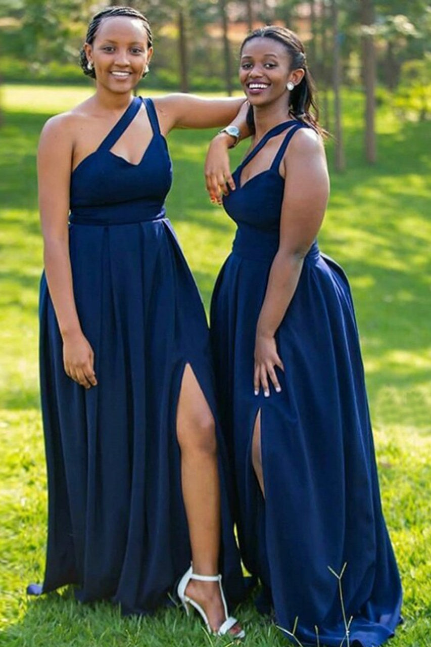 Chic Satin One Shoulder Sleeveless With Side Slit Bridesmaid Dress