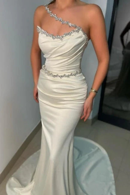 Chic Satin Trumpet One Shoulder Beaded With Train Prom Dress