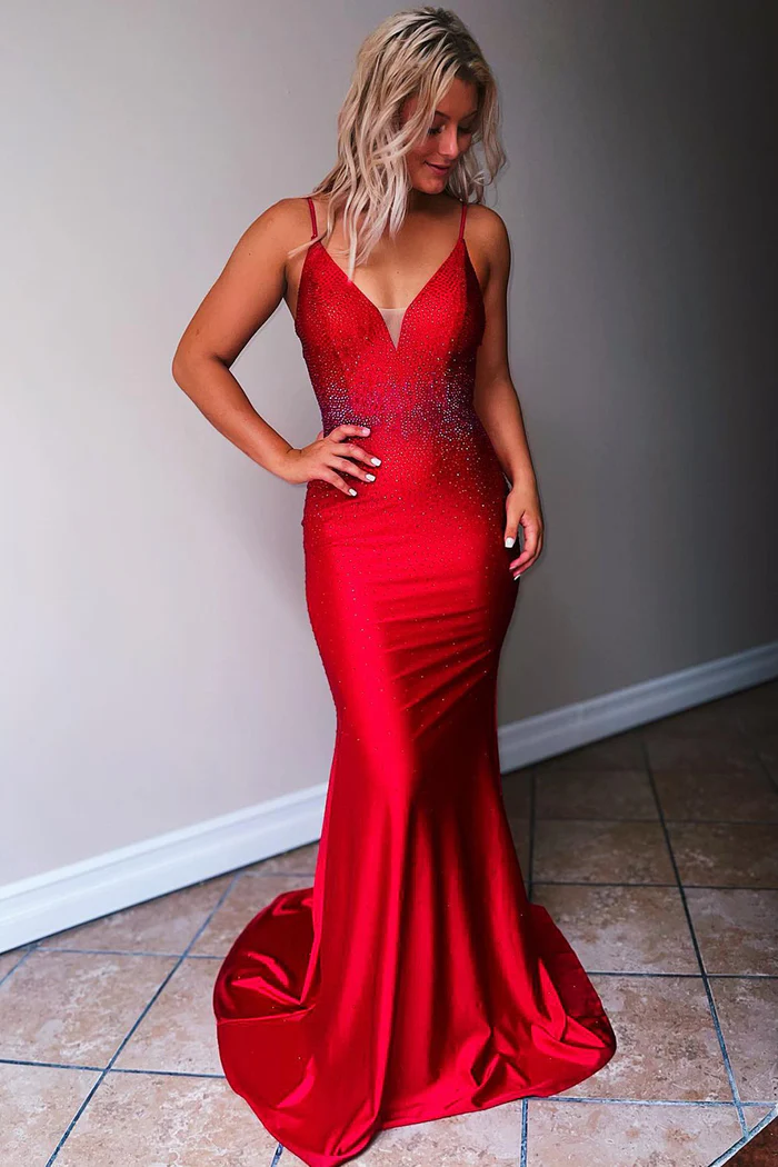 Chic Satin Trumpet V-Neck Spaghetti Straps Beaded Long Prom Dress