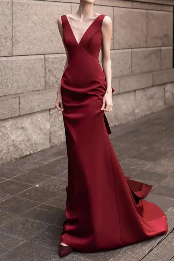 Chic Satin V-Neck Open Back Mermaid Party Prom Dress