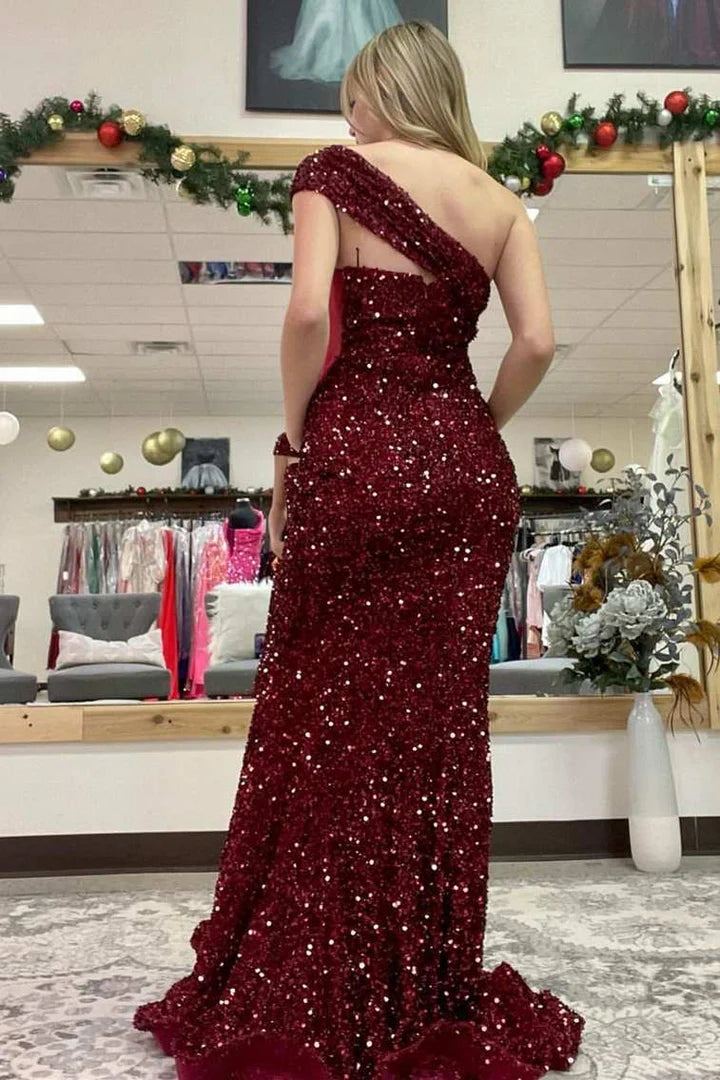 Chic Sequins One Shoulder Sleeveless With Train Trumpet Prom Dress