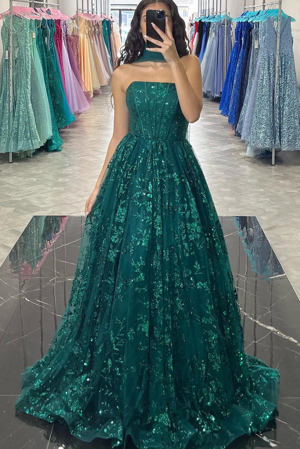 Chic Strapless Empire Lace A-Line Long Party Prom Dress
