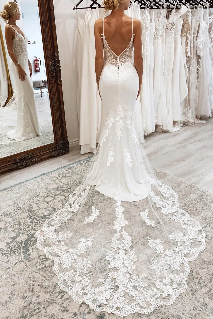 Trumpet V-Neck Open Back Appliques Wedding Dress With Train