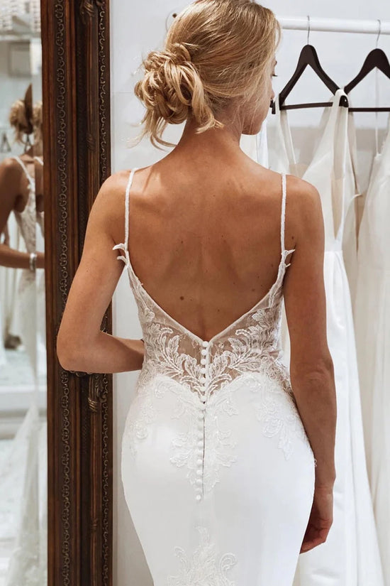 Trumpet V-Neck Open Back Appliques Wedding Dress With Train