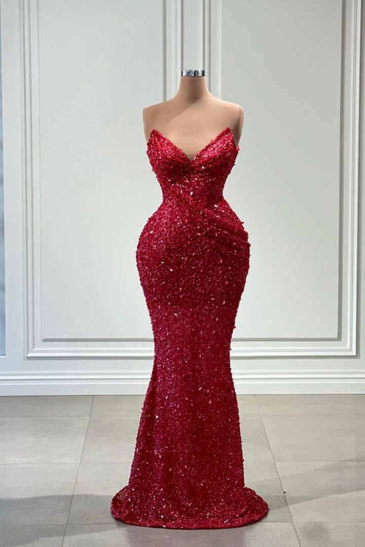 Chic Trumpet V-Neck Strapless Sequins Long Prom Dress