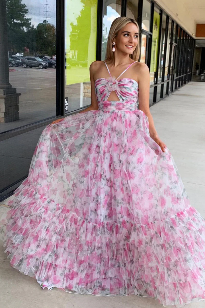 Chic Tulle A-Line Halter Floral Appliques Long Prom Dress