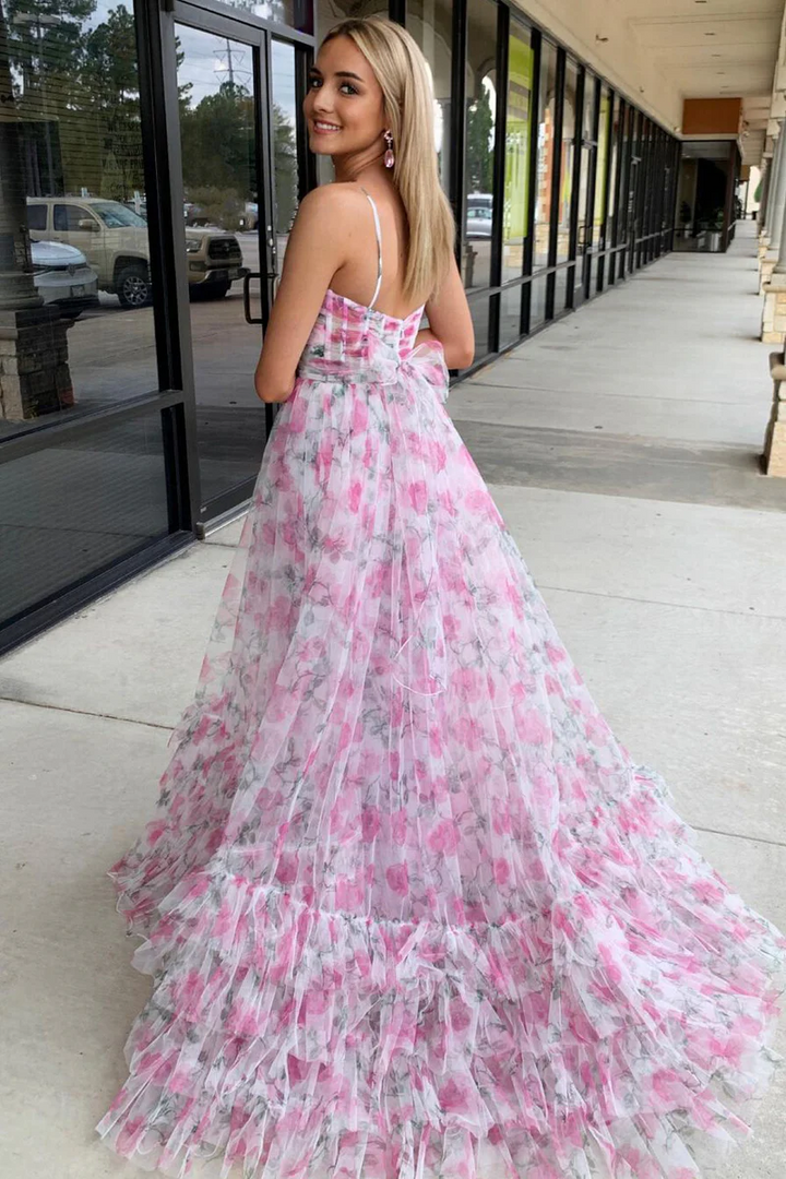 Chic Tulle A-Line Halter Floral Appliques Long Prom Dress