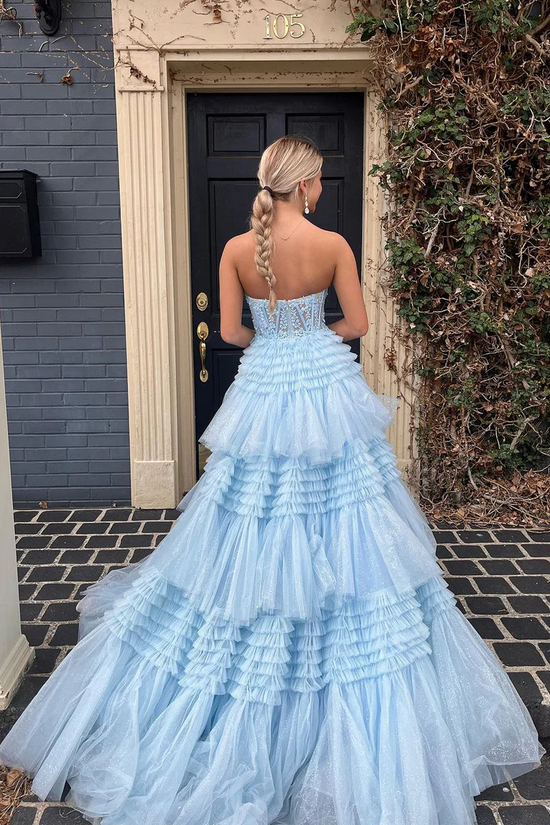 Chic Tulle A-Line Sweetheart Strapless Tiered Long Party Prom Dress