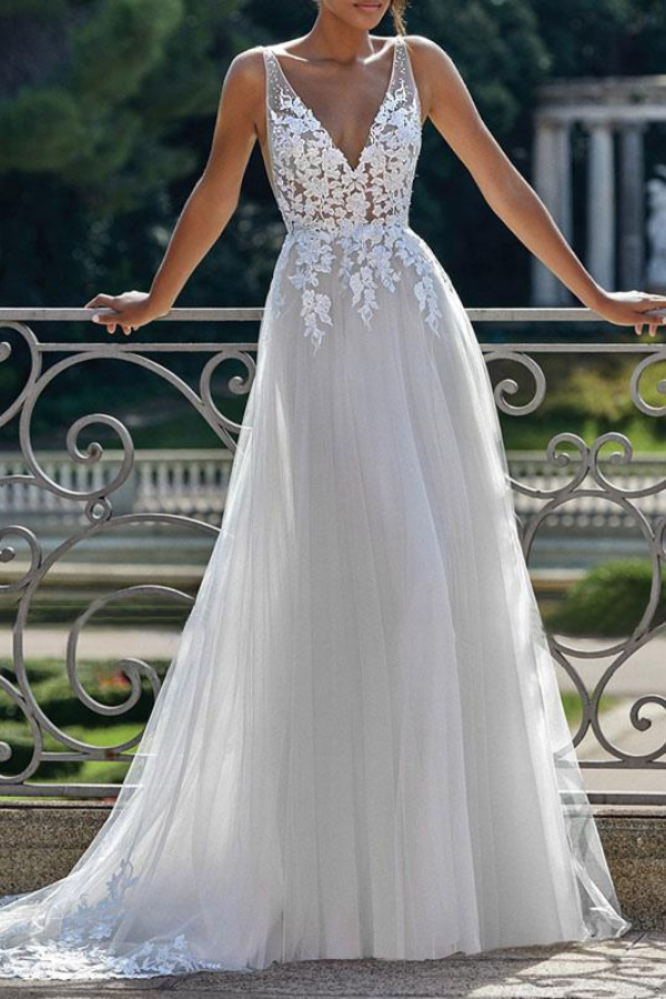 Chic Tulle A-Line V-Neck Lace Appliqued Wedding Dress Movousdress Chic Tulle A-Line V-Neck Lace Appliqued Wedding Dress Movousdress
