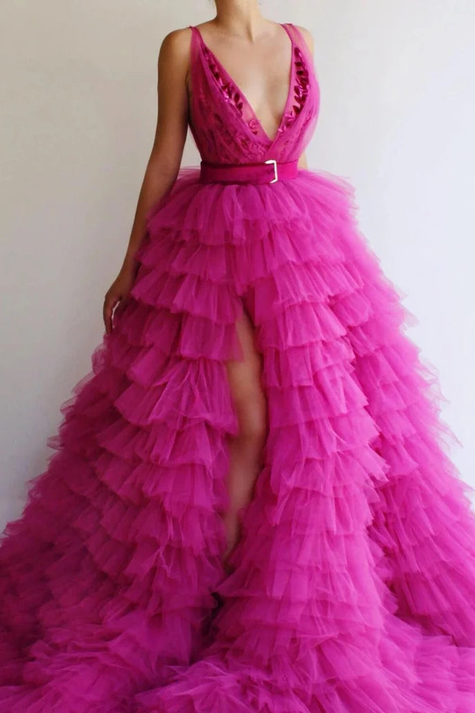 Chic Tulle A-Line V-Neck Sleeveless Appliques Tiered Prom Dress