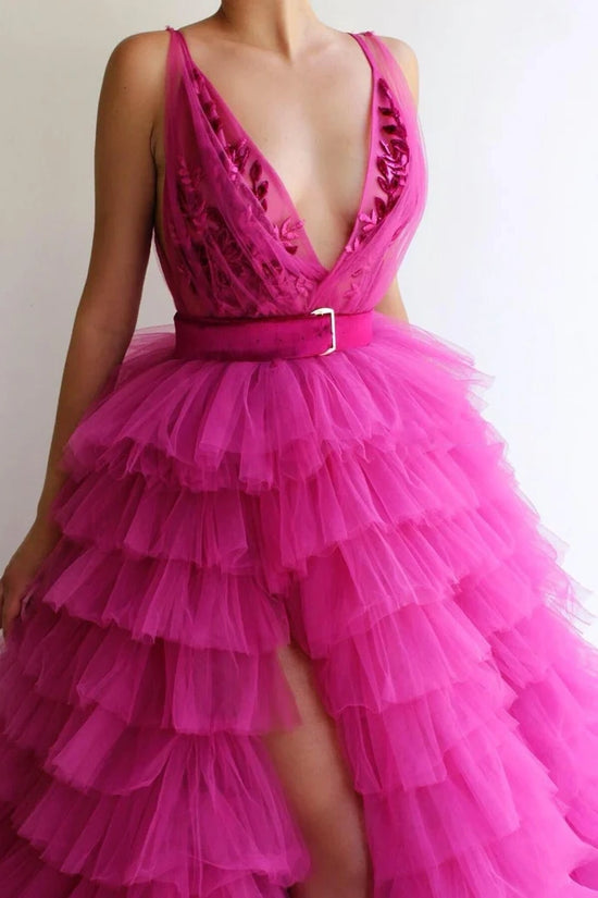 Chic Tulle A-Line V-Neck Sleeveless Appliques Tiered Prom Dress