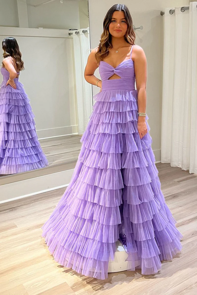 Chic Tulle A-Line V-Neck Spaghetti Straps Tiered Long Prom Dress