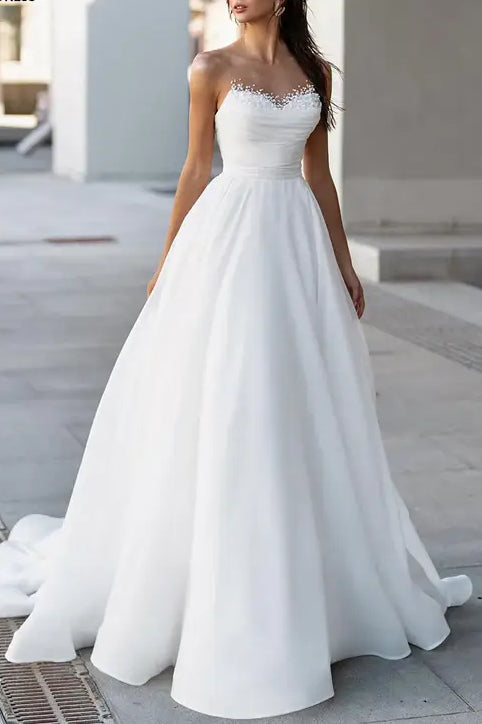 Chiffon A-Line Scoop Sleeveless Beaded Wedding Dress