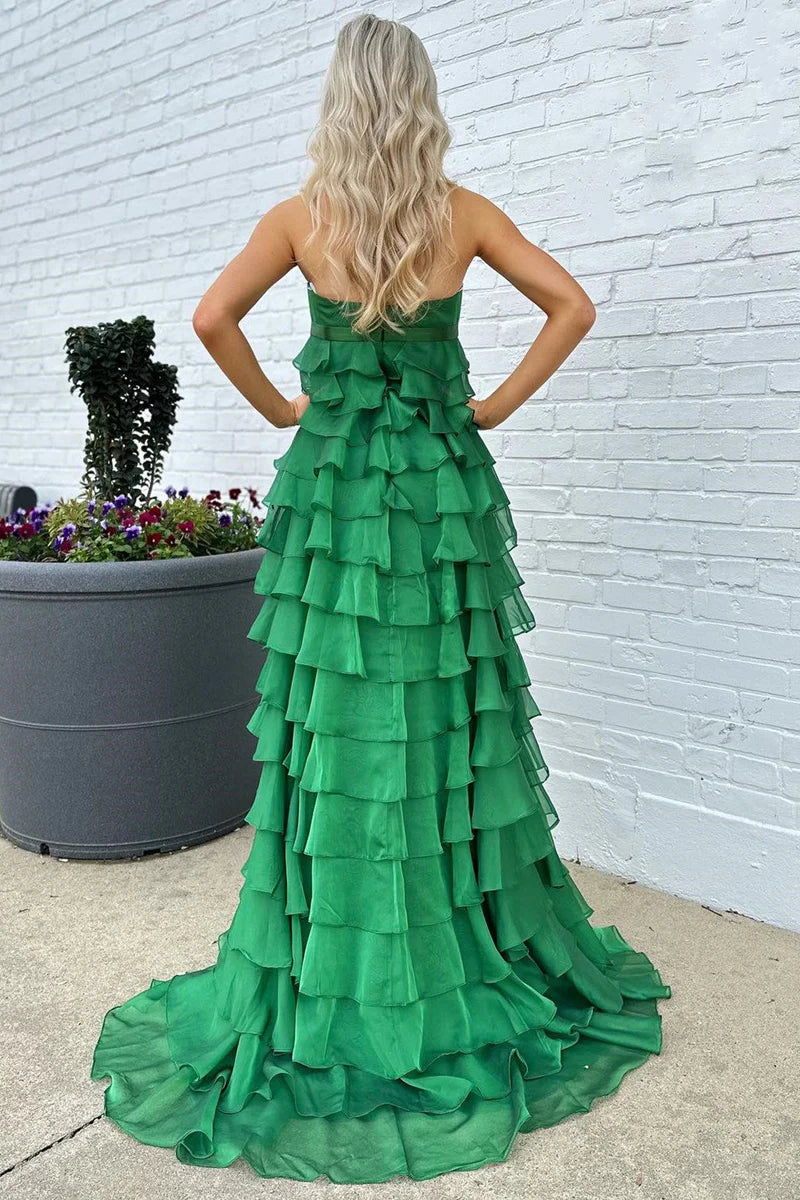 Chiffon A-Line Strapless Empire Tiered With Train Prom Dress