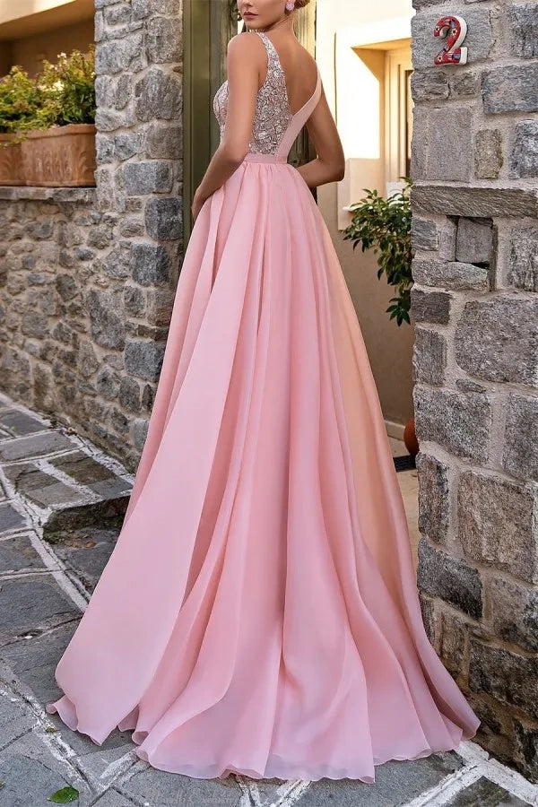 Chiffon A-Line V-Neck Appliques Empire Party Prom Dress