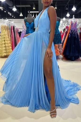 Chiffon A-Line V-Neck Halter With Side Slit Prom Dress