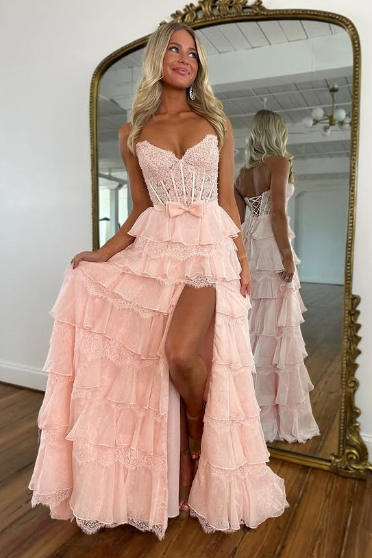Chiffon And Lace Strapless Lace Up Tiered A-Line Party Prom Dress