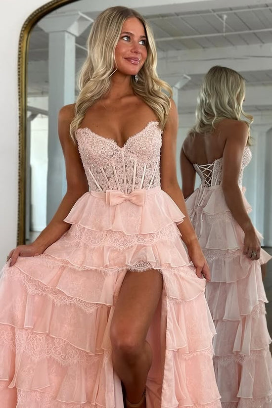 Chiffon And Lace Strapless Lace Up Tiered A-Line Party Prom Dress