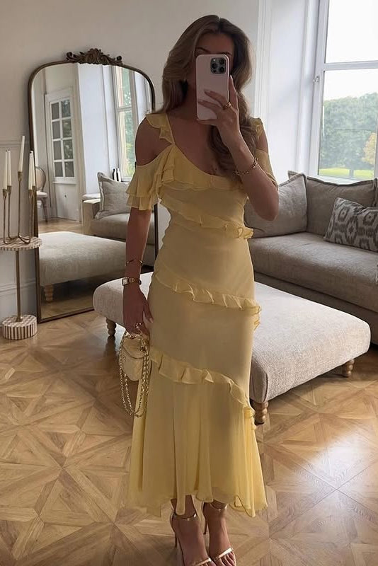 Chiffon Fitted Low V-Neck Ruffle Party Prom Dress