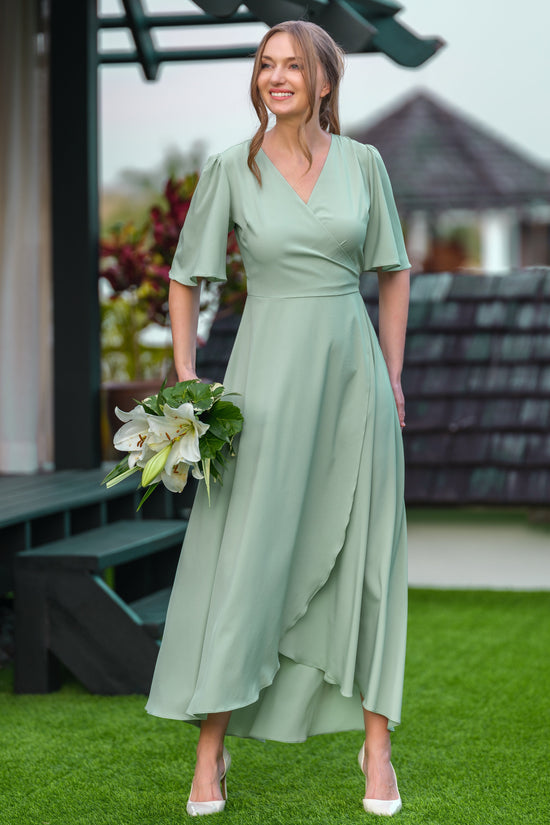 Chiffon Satin A-Line V-Neck Half Sleeves Bridesmaid Dress