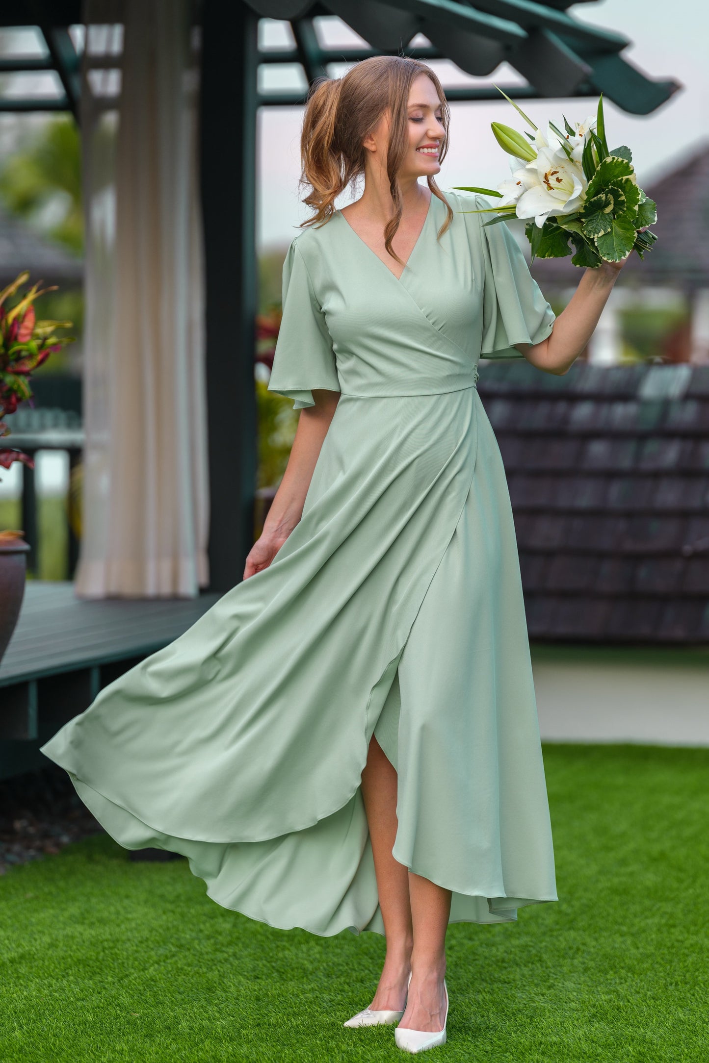 Chiffon Satin A-Line V-Neck Half Sleeves Bridesmaid Dress