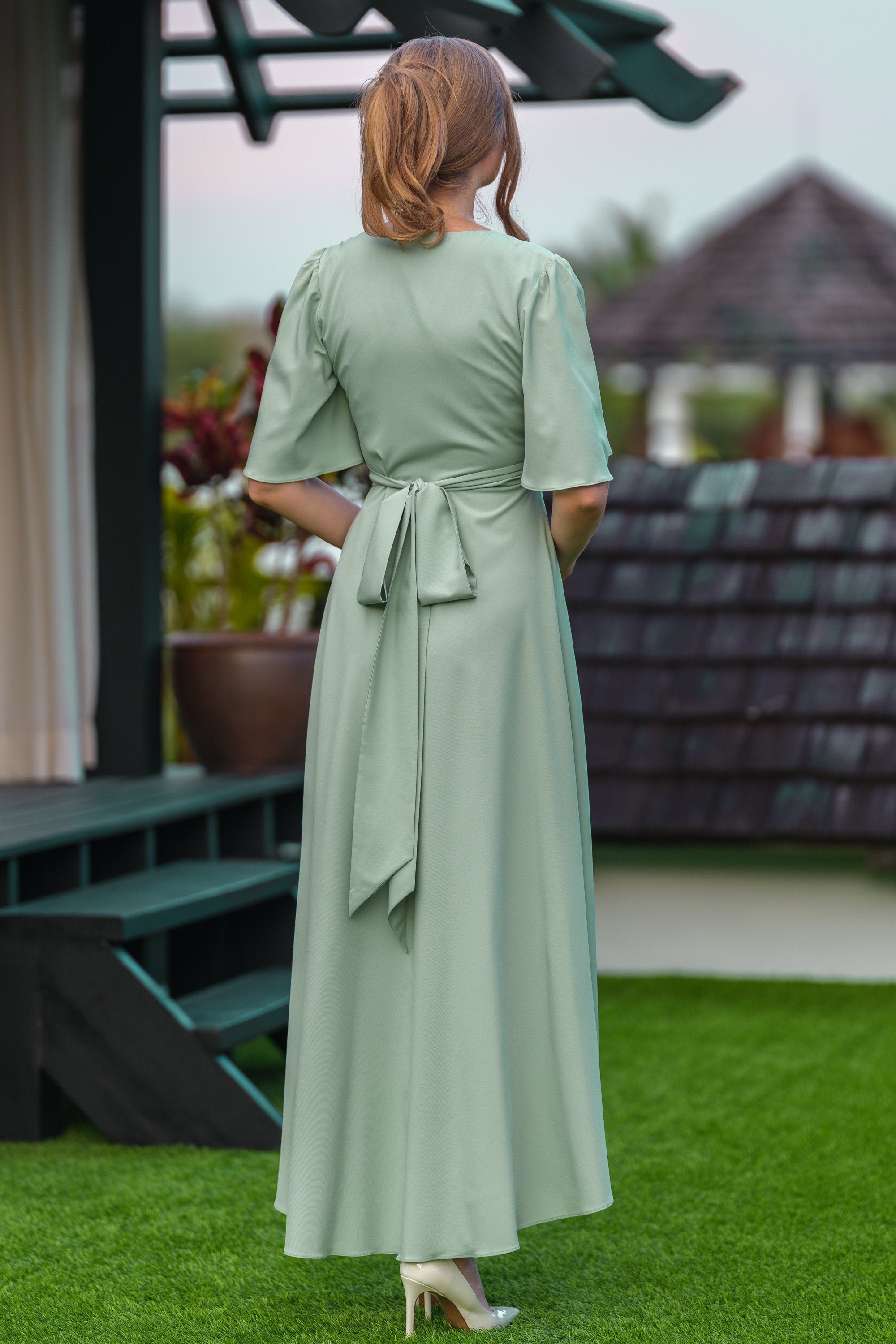 Chiffon Satin A-Line V-Neck Half Sleeves Bridesmaid Dress