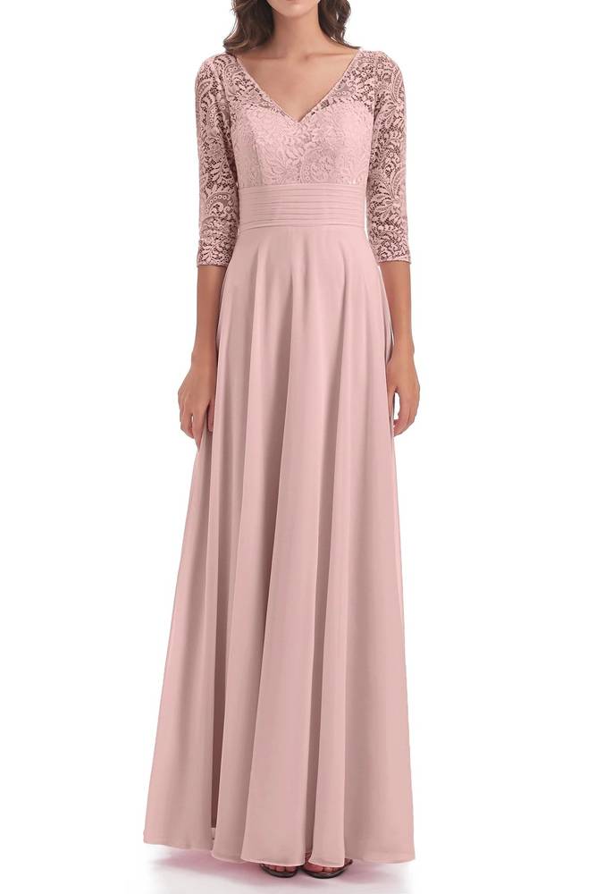 Chiffon Satin A-Line V-Neck Long Sleeves Mother Of Brides Dress