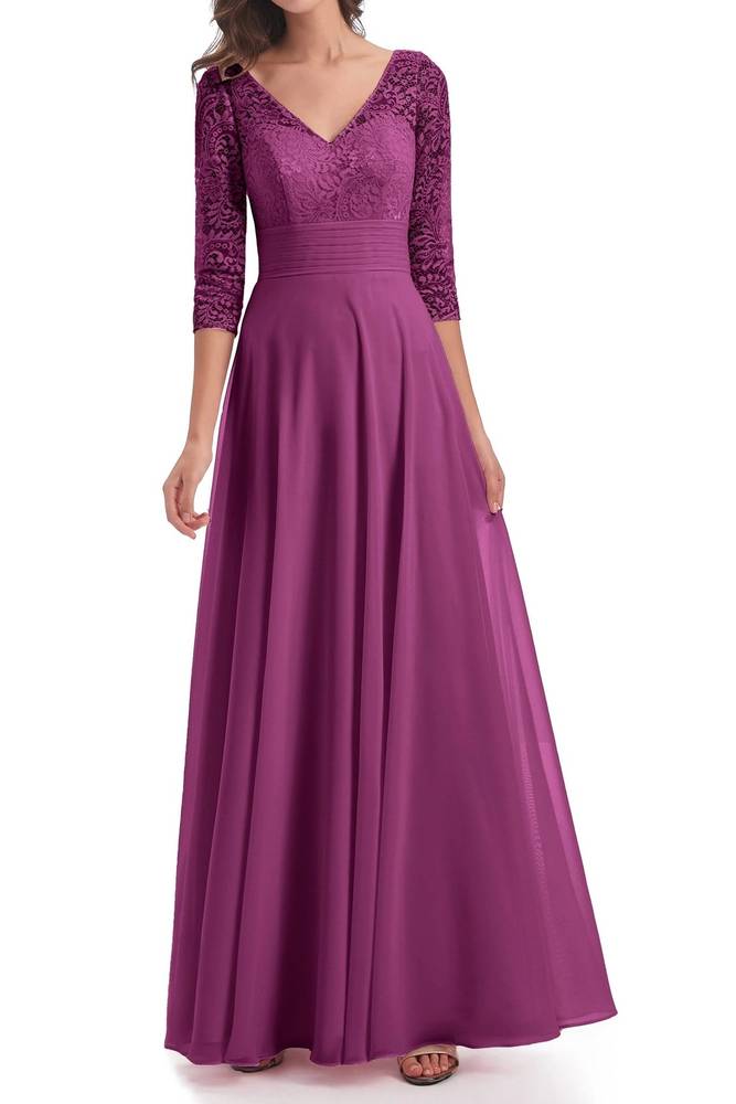 Chiffon Satin A-Line V-Neck Long Sleeves Mother Of Brides Dress