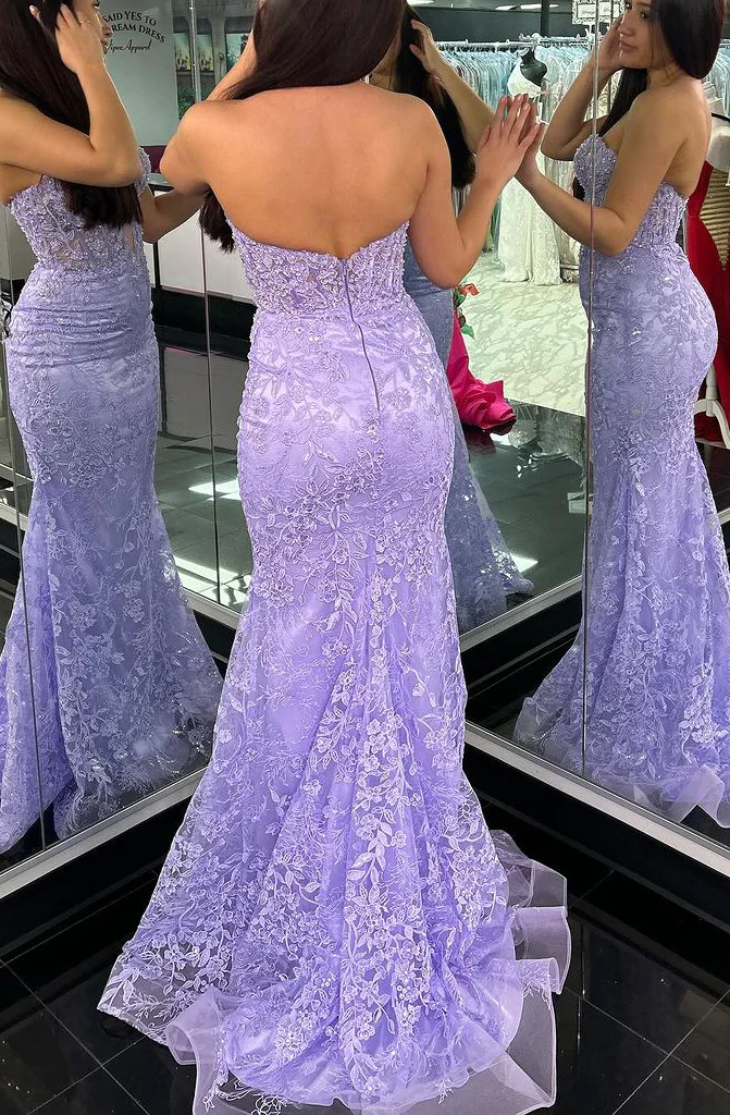 Chic Sweetheart Strapless Illusion Empire Lace Appliques Trumpet Long Prom Dress