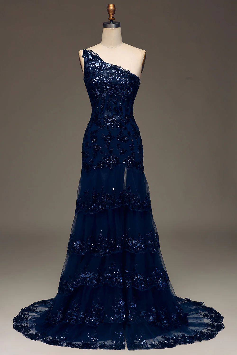 Classic A-Line One Shoulder Lace Appliques With Train Prom Dress