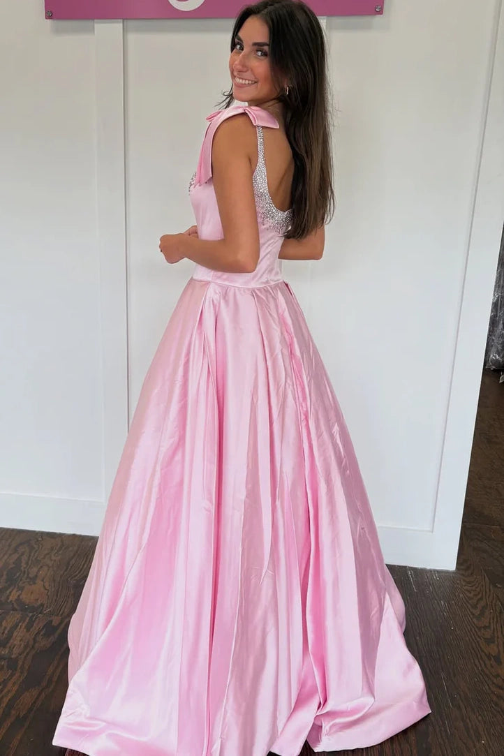 Classic Satin A-Line Bateau Floor-Length Beaded Party Prom Dress