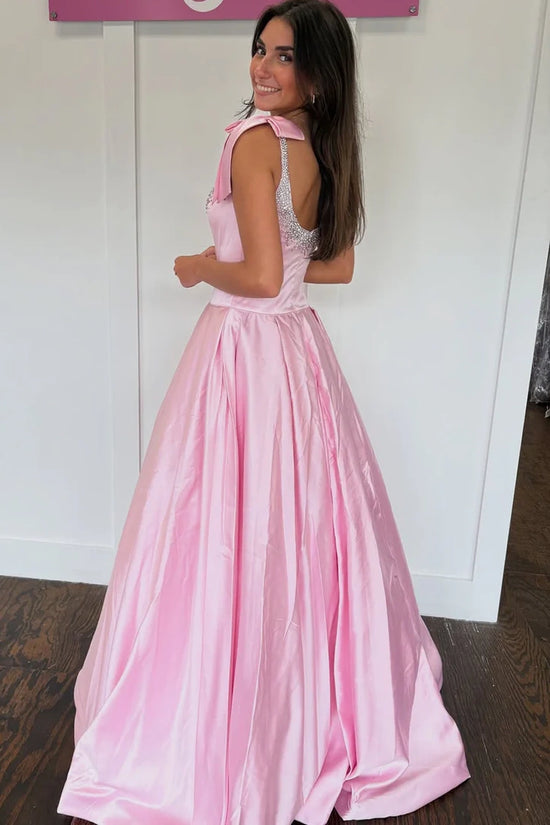 Classic Satin A-Line Bateau Floor-Length Beaded Party Prom Dress
