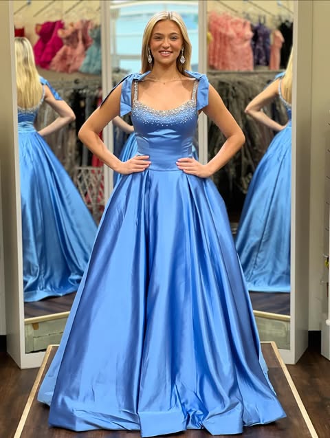 Classic Satin A-Line Bateau Floor-Length Beaded Party Prom Dress