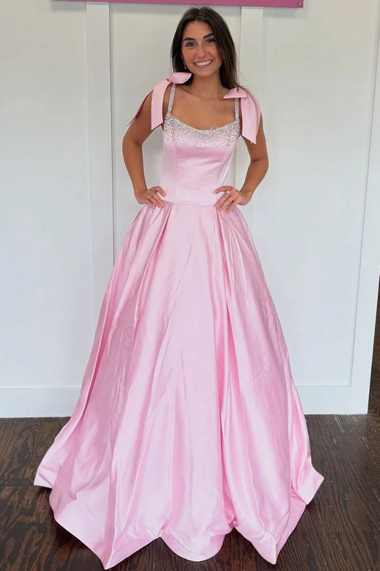Classic Satin A-Line Bateau Floor-Length Beaded Party Prom Dress
