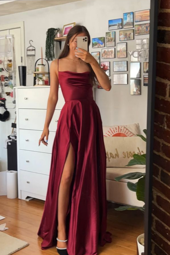 Classic Satin A-Line Spaghetti Straps Empire With Side Slit Prom Dress