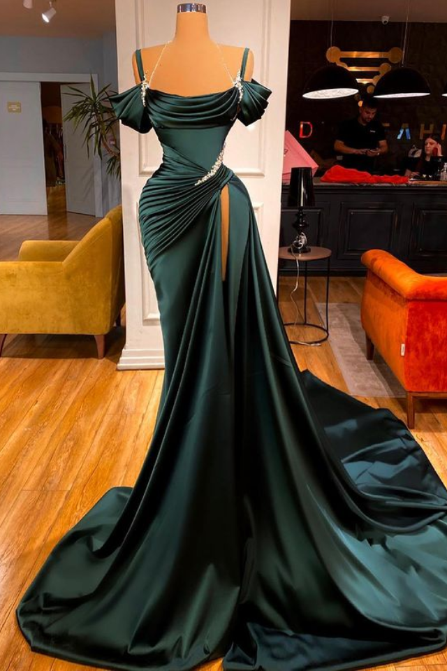 Classic Satin Trumpet Off-Shoulder Beaded Long Prom Dress