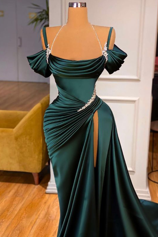 Classic Satin Trumpet Off-Shoulder Beaded Long Prom Dress