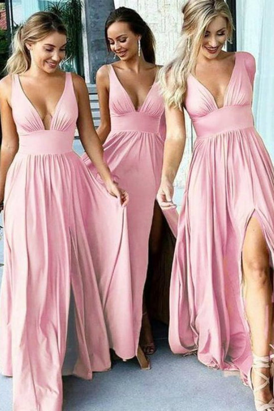 Cute Satin A-Line V-Neck Sleeveless With Slit Bridesmaid Dress