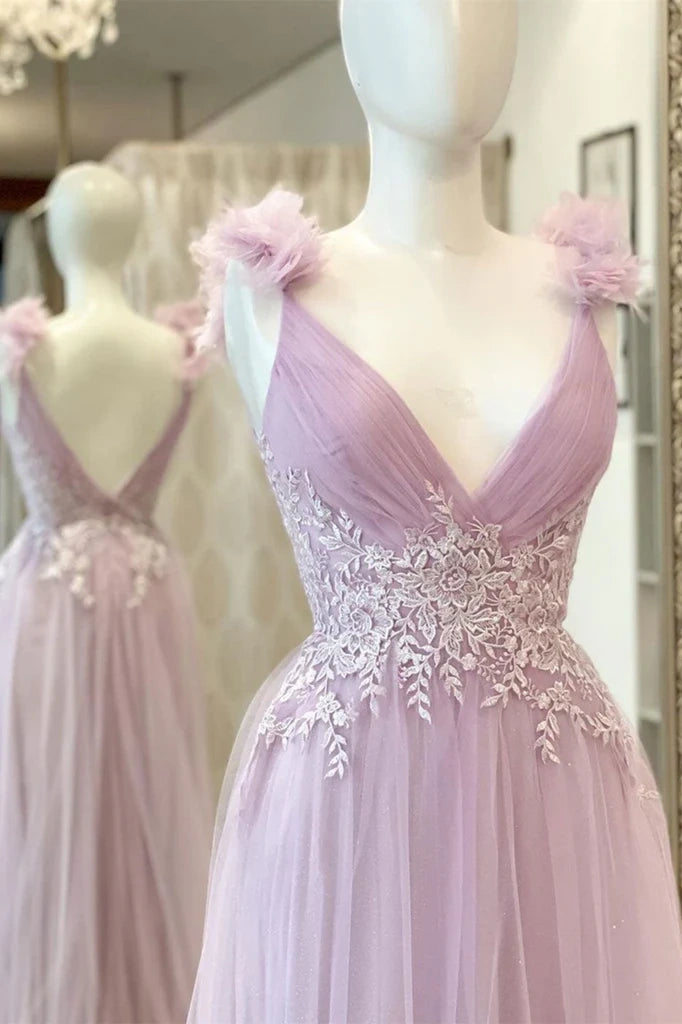Cute Tulle A-Line V-Neck Sleeveless Long Prom Dress