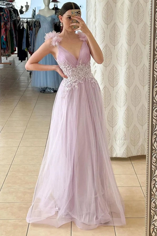 Cute Tulle A-Line V-Neck Sleeveless Long Prom Dress