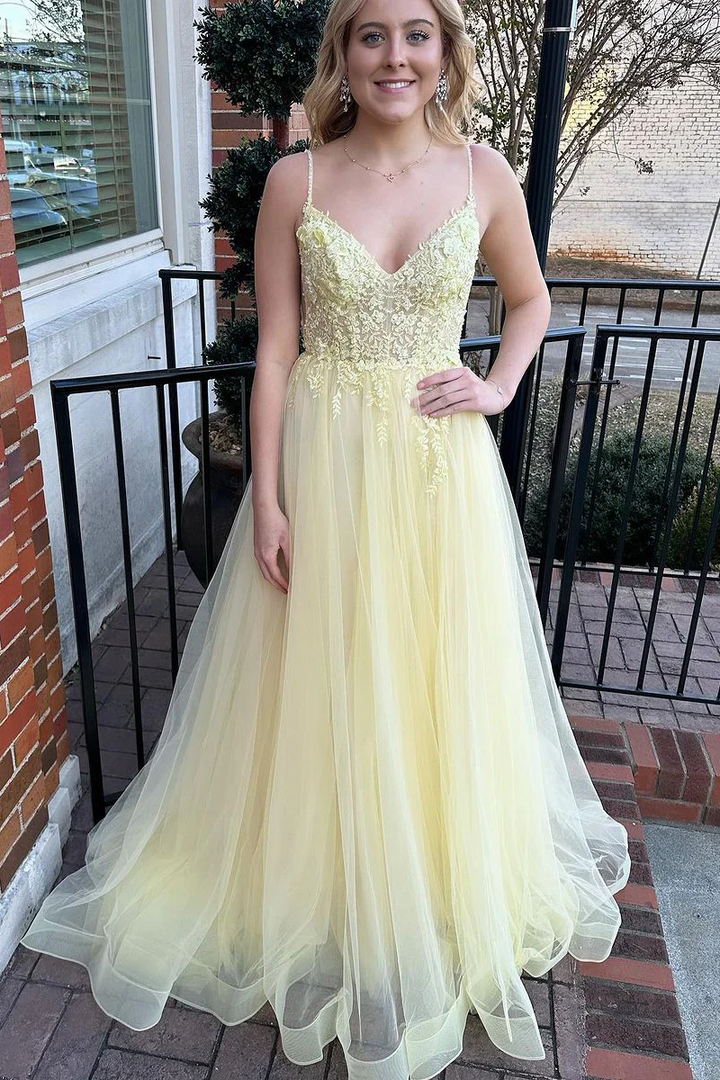 Tulle A-Line V-Neck Spaghetti Straps Appliques Long Prom Dress