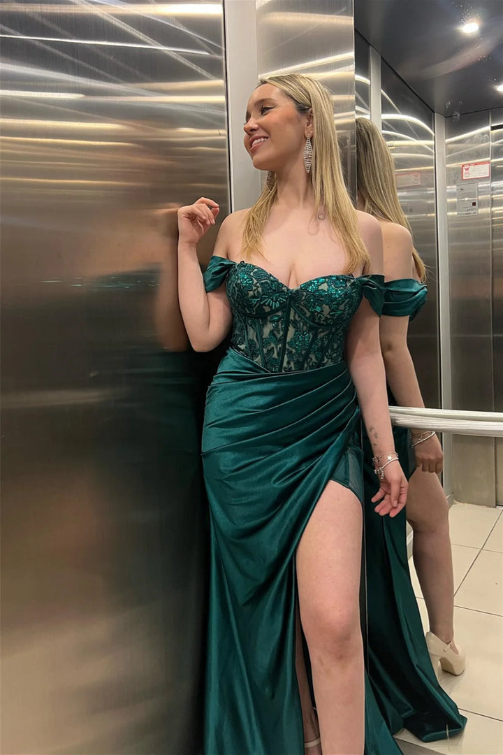 Dark Green Off-Shoulder Appliques Party Prom Dress