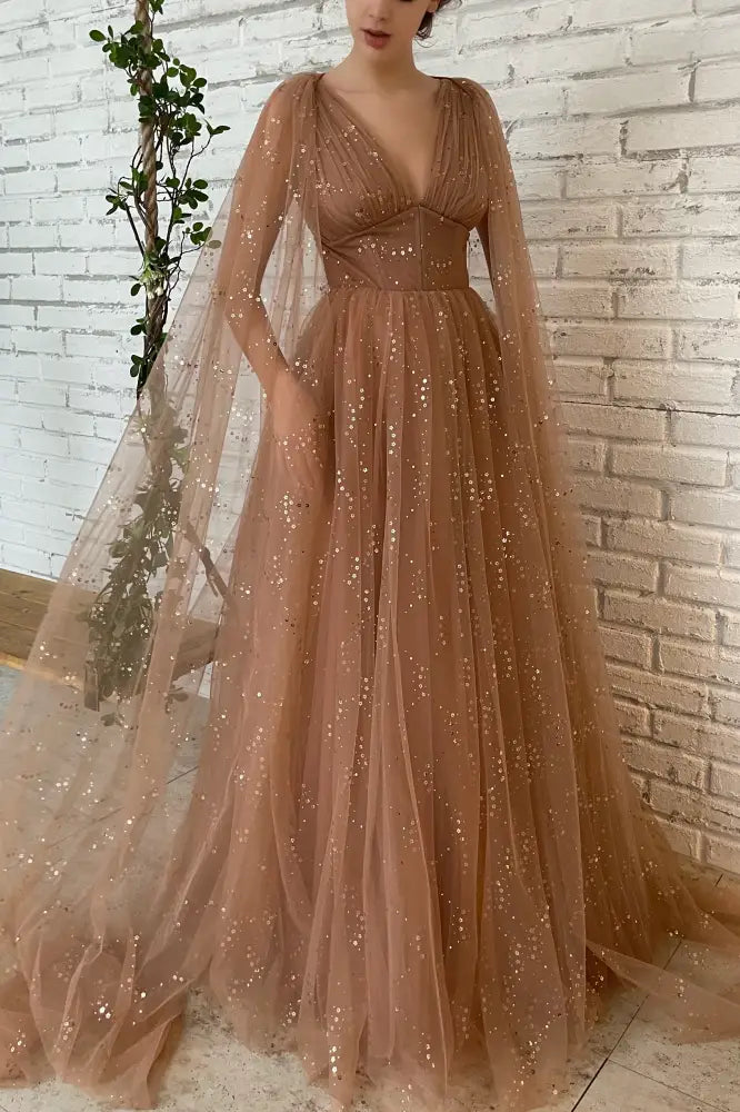 Deep V-Neck Tulle A-Line Empire Prom Party Dress With Train